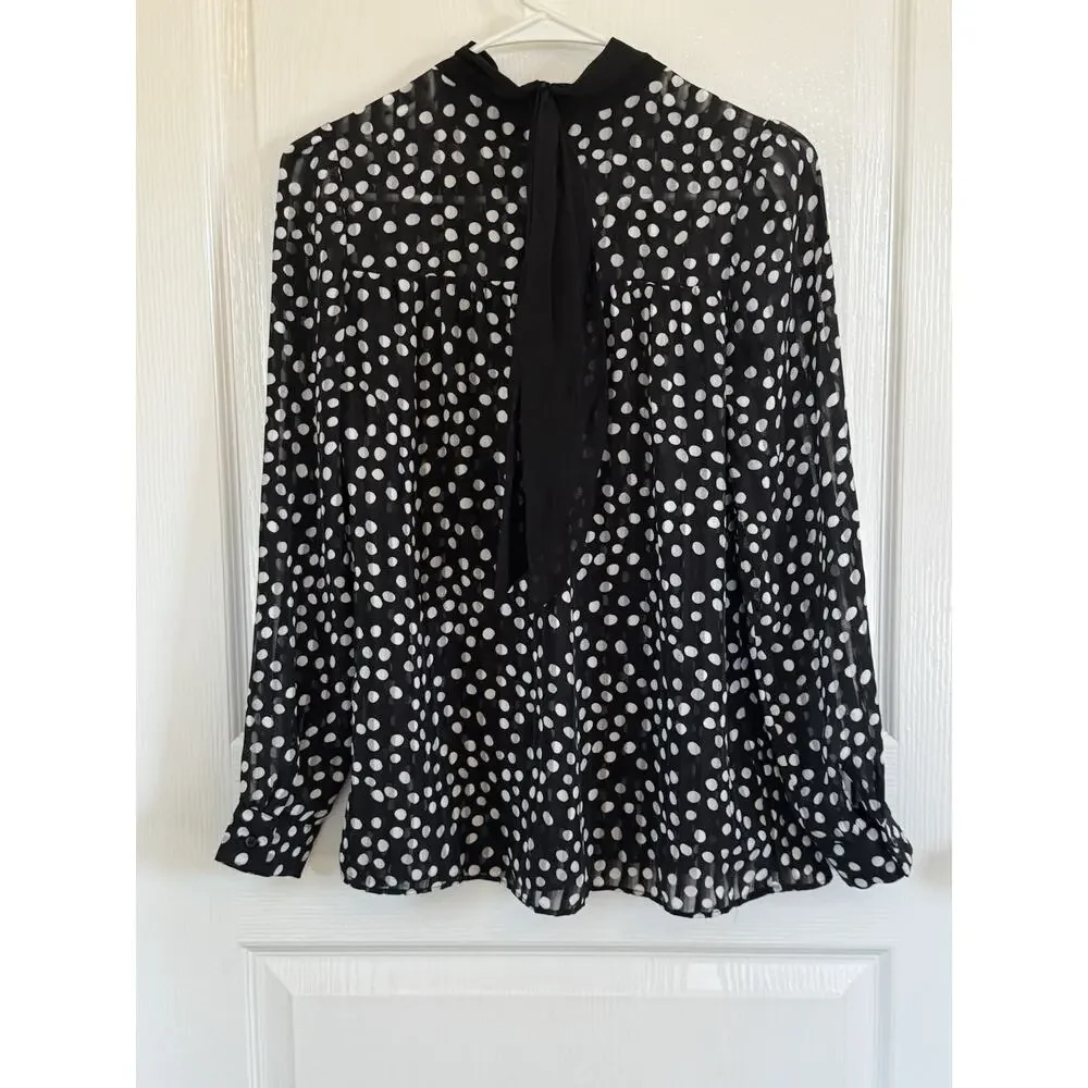 Zara Black & White Polka Dot High Neck Pleated Plisse Long Sleeve Blouse XS